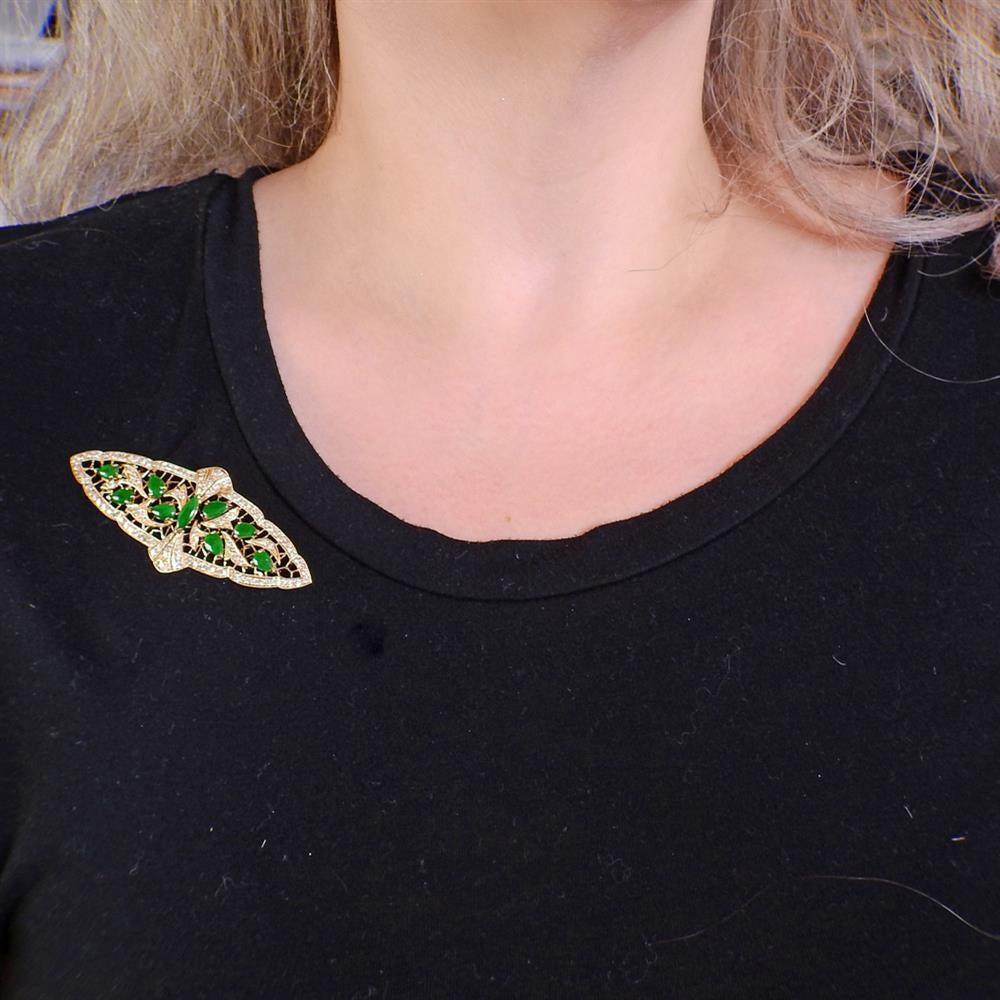 Women's Gold Diamond Jade Brooch Pin