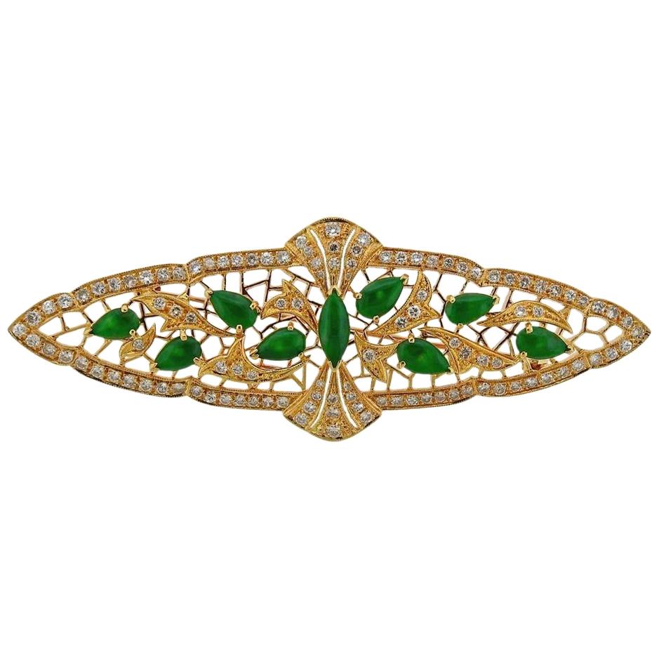 Gold Diamond Jade Brooch Pin
