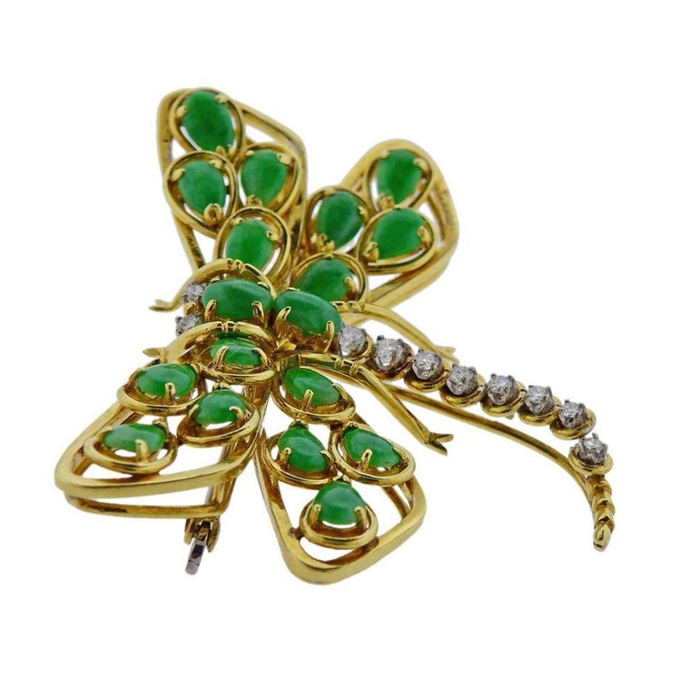 Gold Diamond Jade Dragonfly Brooch Pin For Sale at 1stDibs