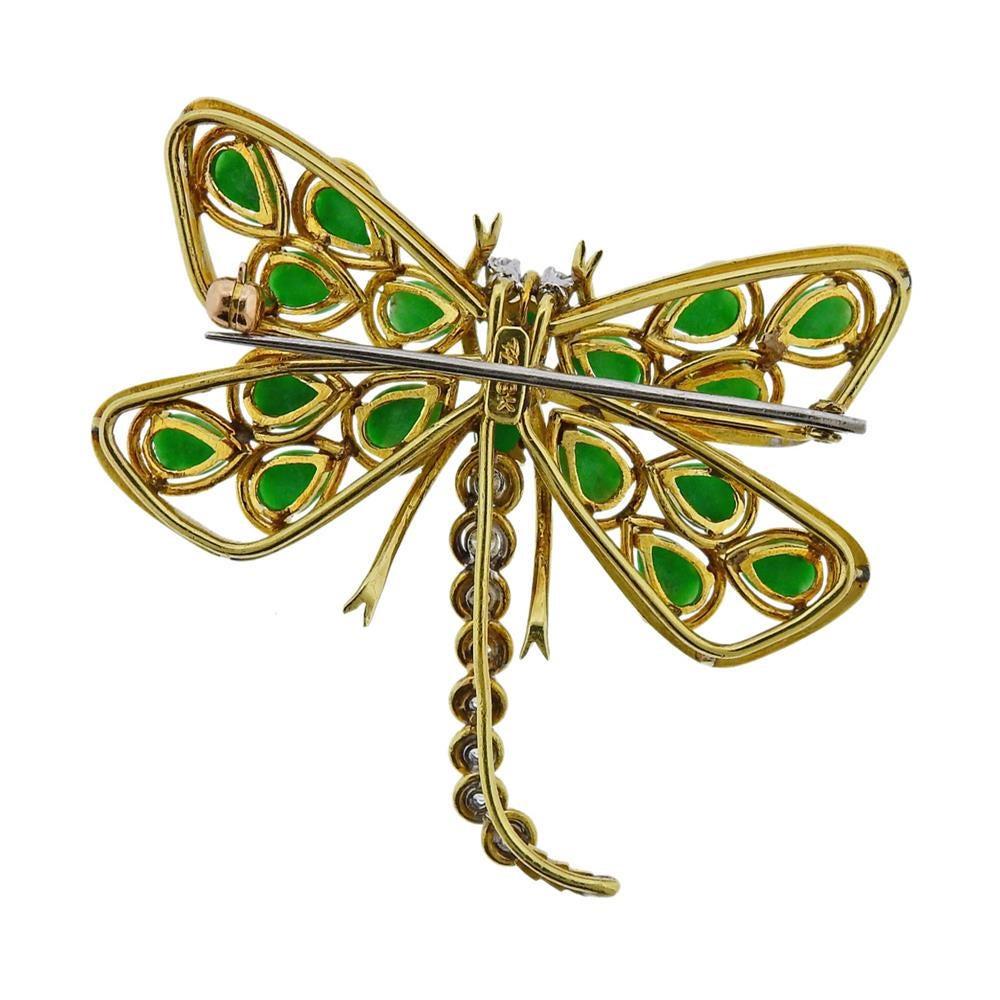 Gold Diamond Jade Dragonfly Brooch Pin In Fair Condition For Sale In New York, NY