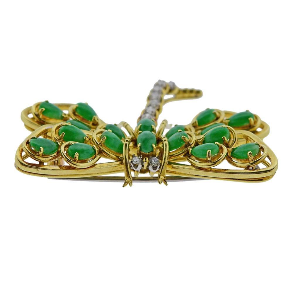 Women's Gold Diamond Jade Dragonfly Brooch Pin For Sale