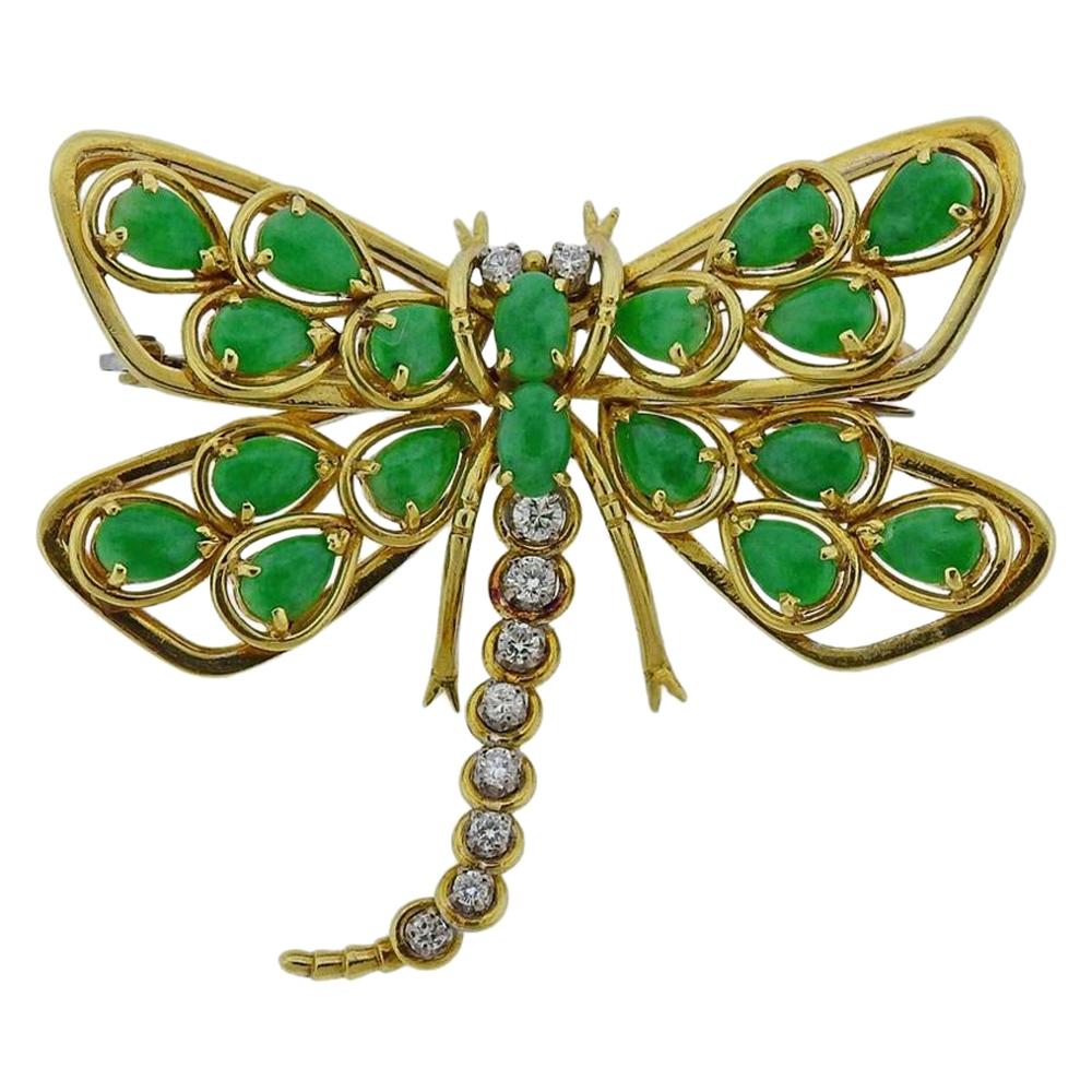 Gold Diamond Jade Dragonfly Brooch Pin