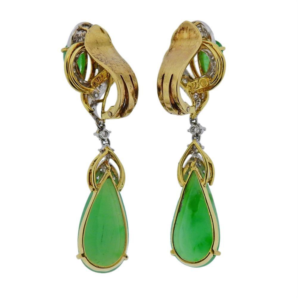Pair of 18k yellow gold drop earrings, set with jade and approx. 0.50ctw in diamonds. Marked 18k. Measure 48mm x 15mm. Weight - 12.6 grams.