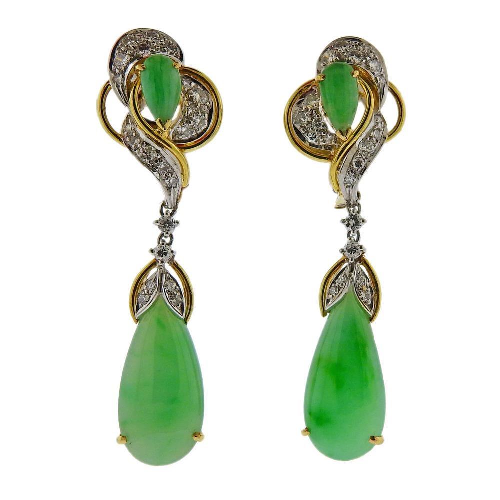 Gold Diamond Jade Drop Earrings In Excellent Condition For Sale In New York, NY