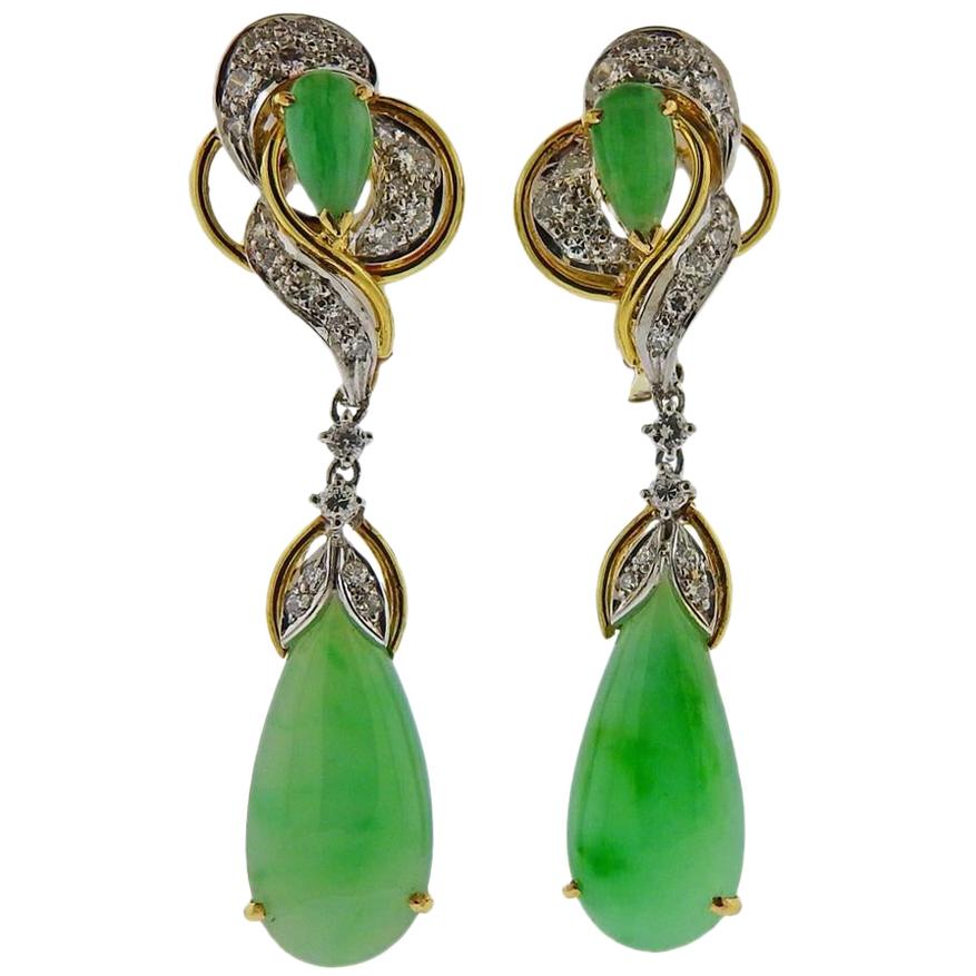 Gold Diamond Jade Drop Earrings For Sale