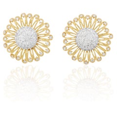 Gold Diamond Large Dome Sun Flower Stud Earrings 18K White Yellow Two Tone