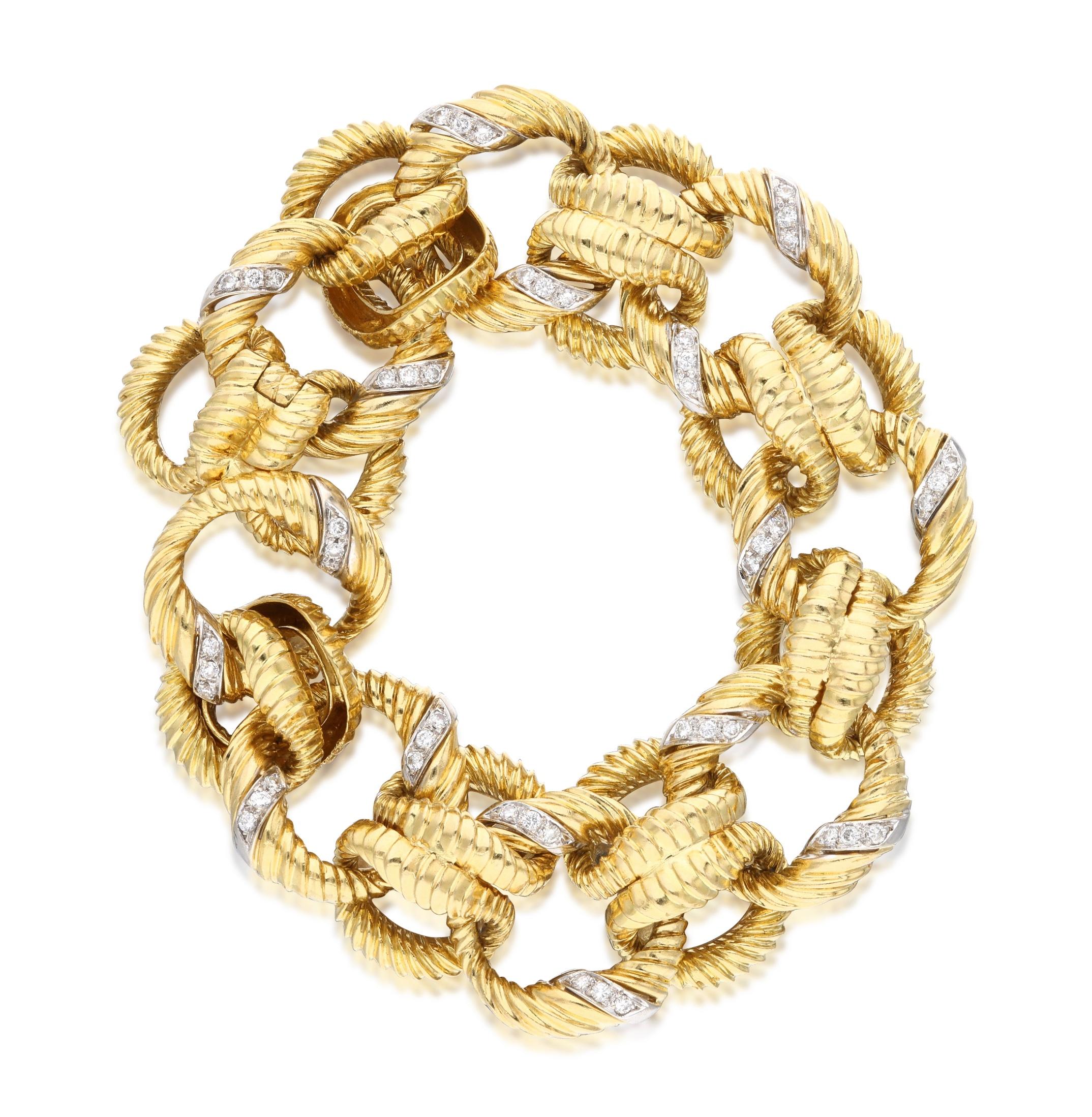 Round Cut Gold Diamond Link Bracelet  For Sale