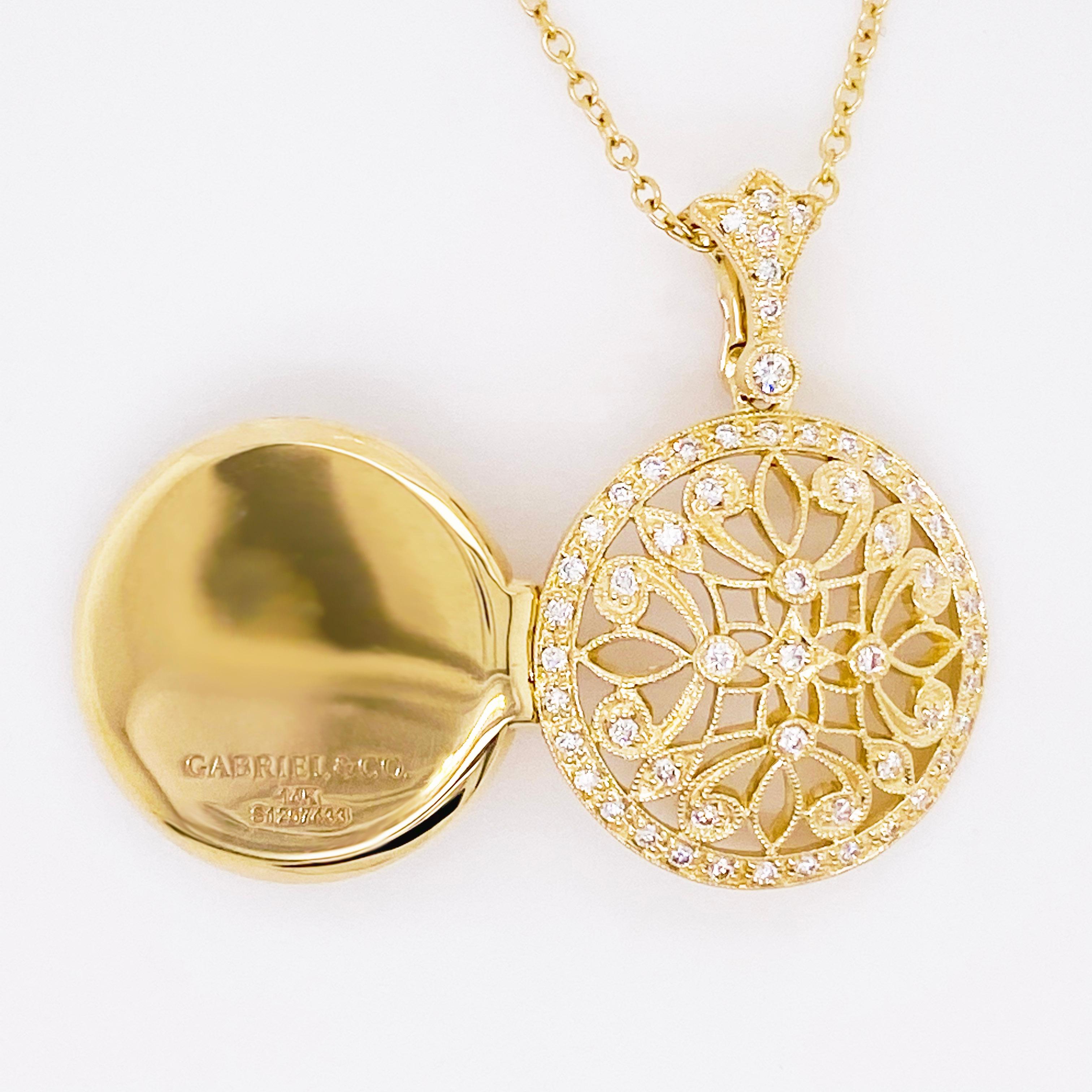 Gold Diamond Locket, Vintage Inspired 14 Karat Gold Filigree Diamond