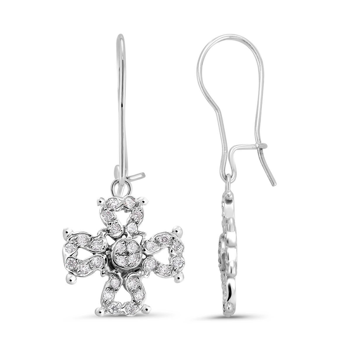 Round Cut Diamond Maltese Cross Hoop Dangle Gold Earrings