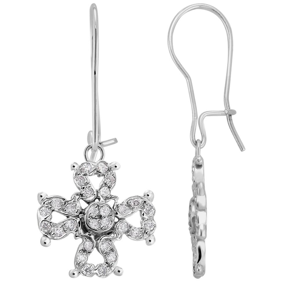Diamond Maltese Cross Hoop Dangle Gold Earrings