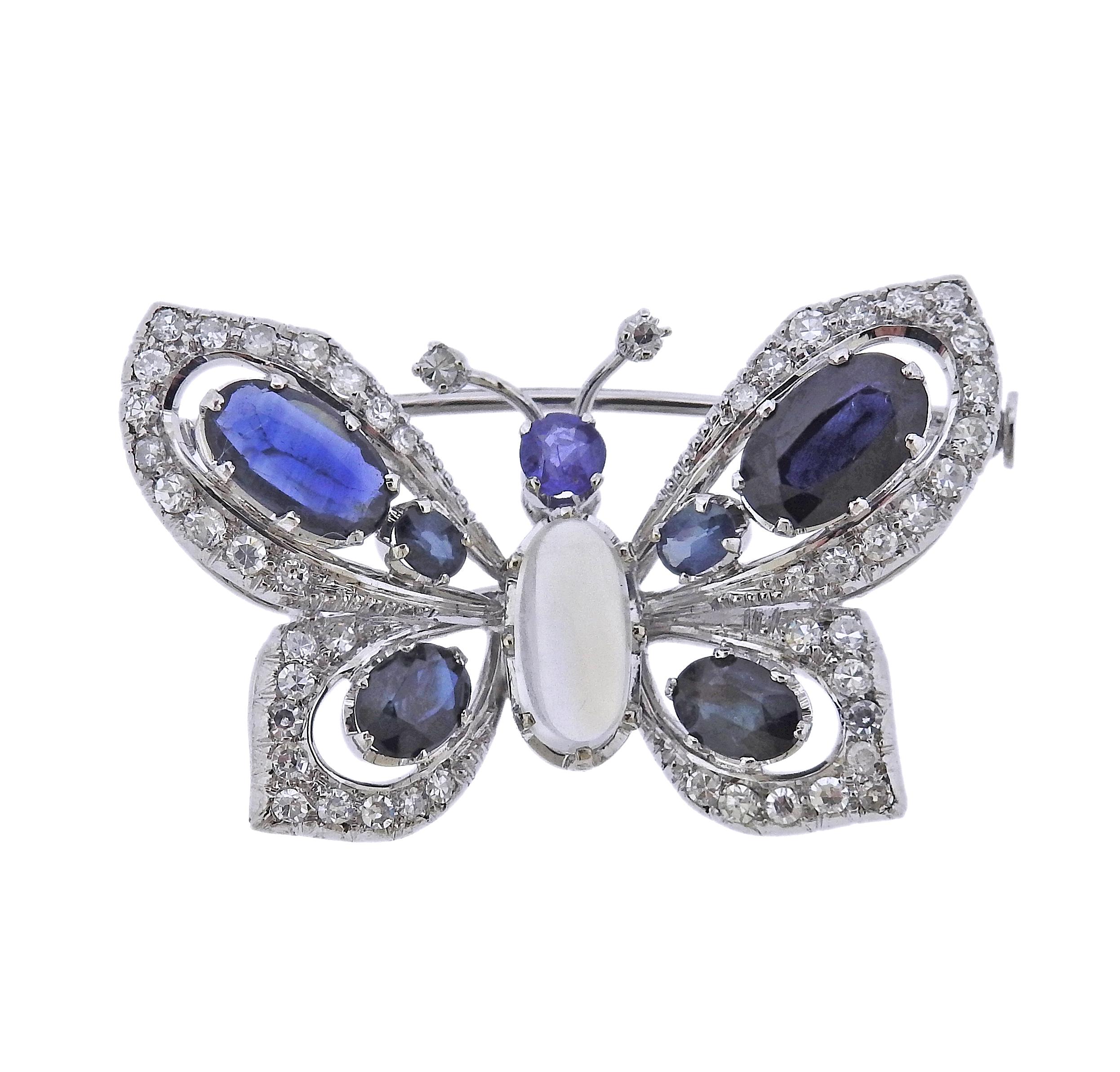 Gold Diamond Moonstone Sapphire Butterfly Brooch In Excellent Condition In New York, NY