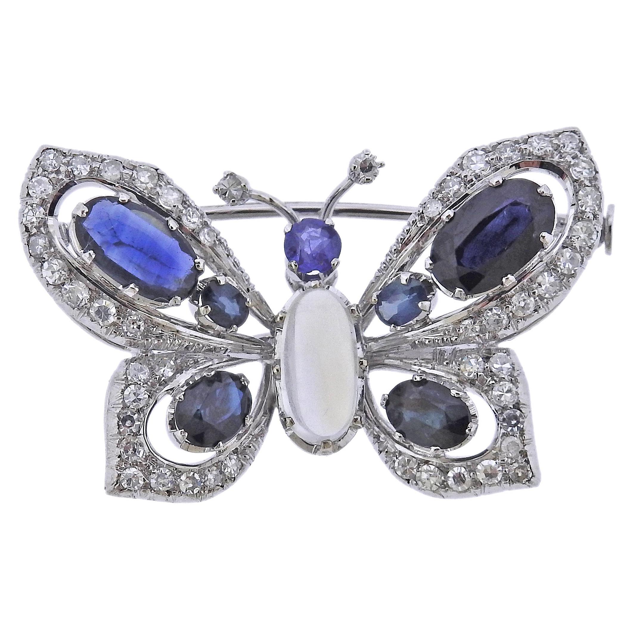 Gold Diamond Moonstone Sapphire Butterfly Brooch