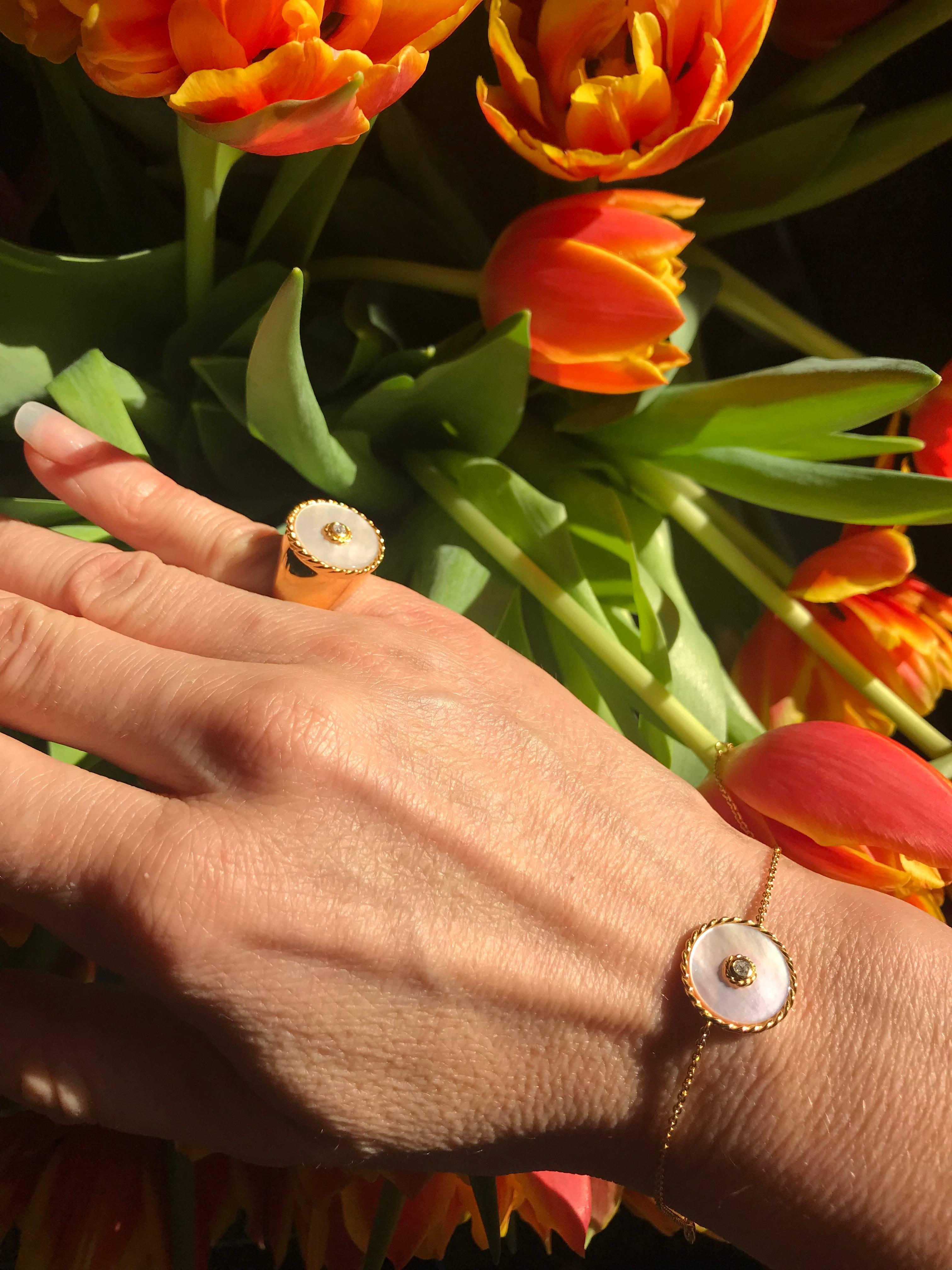 Women's or Men's Gold Diamond Mother-of-Pearl Bracelet For Sale