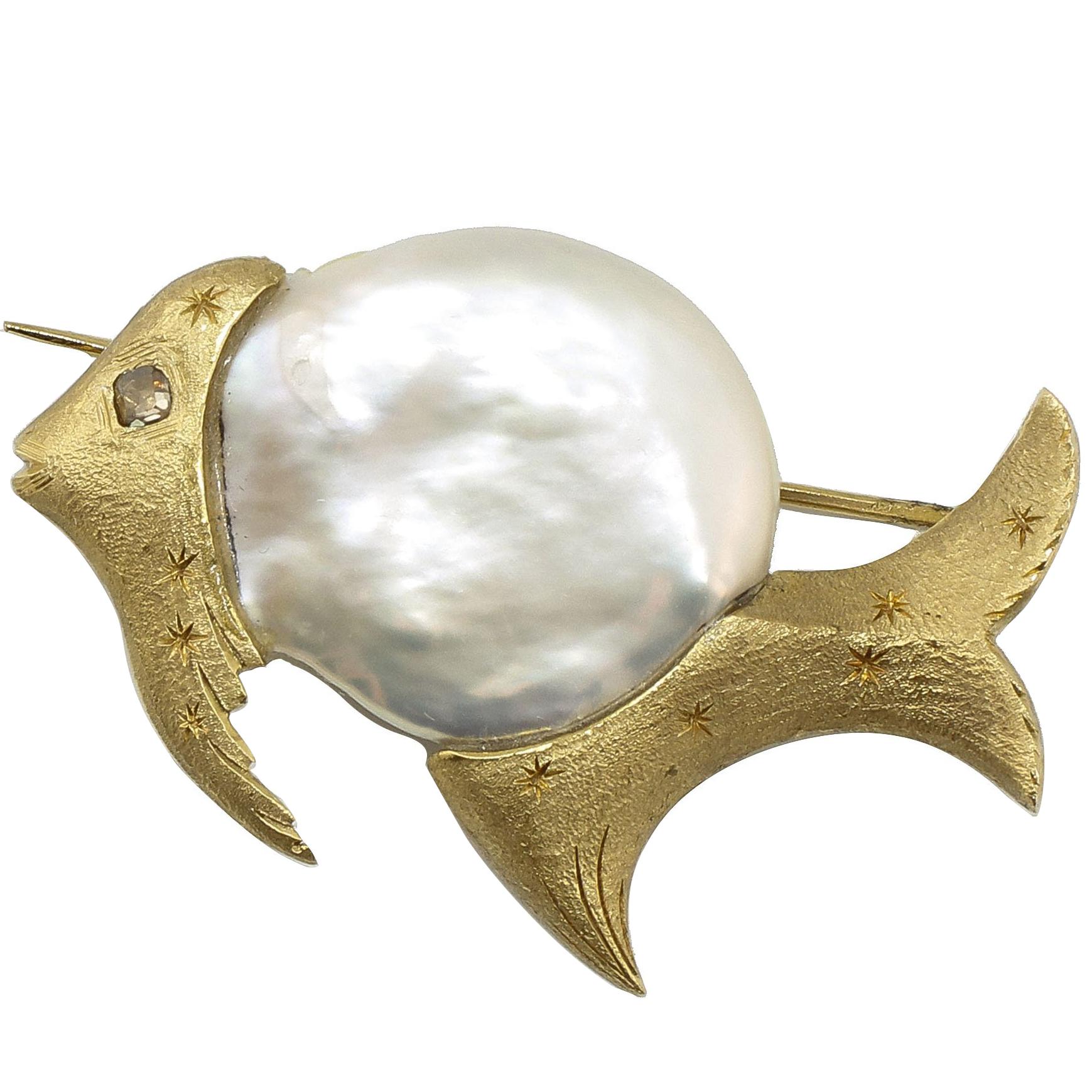  Gold Diamond Baroque Pearl Brooch