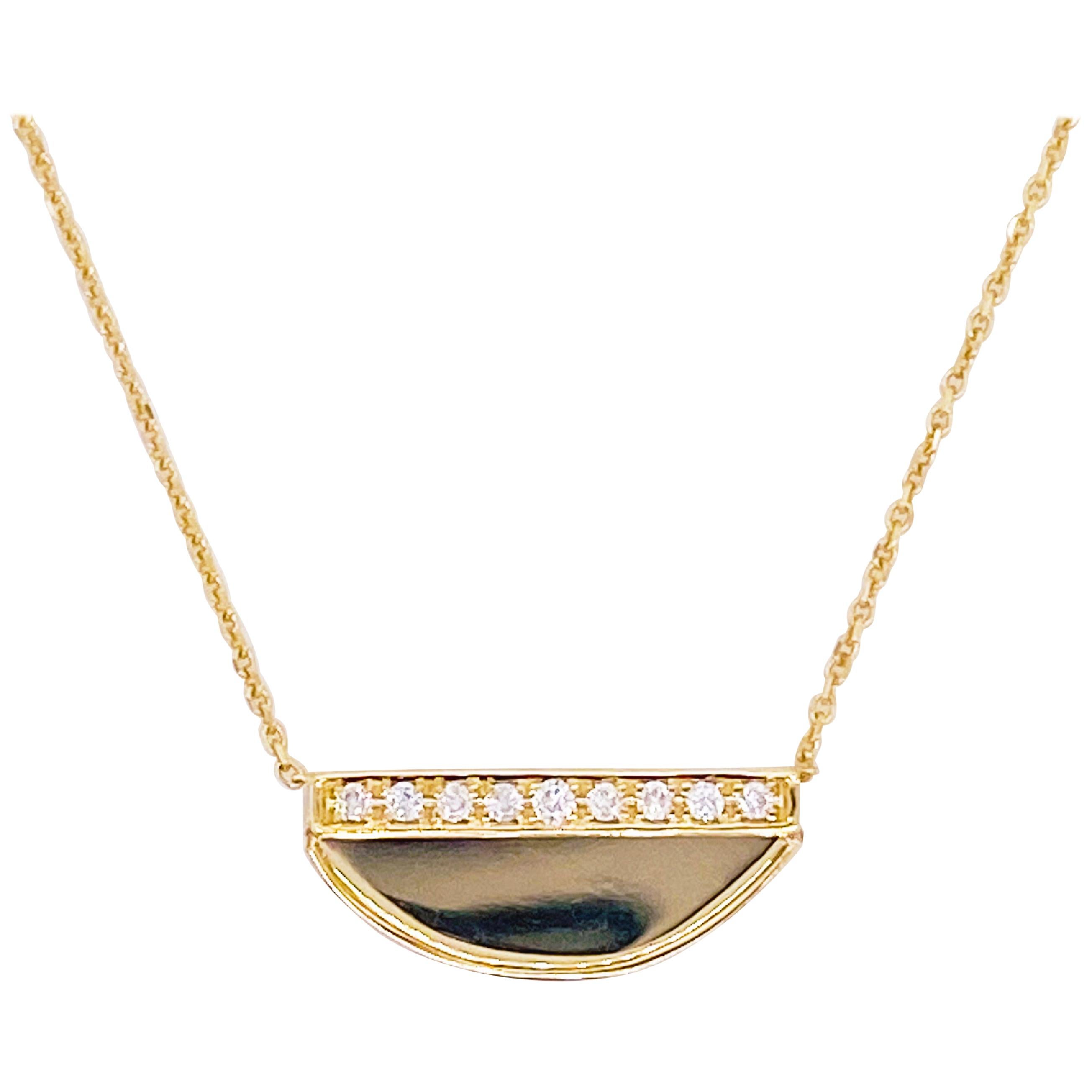 Gold Diamond Necklace, 14 Karat Gold Half Circle, Half Moon, Pendant For Sale