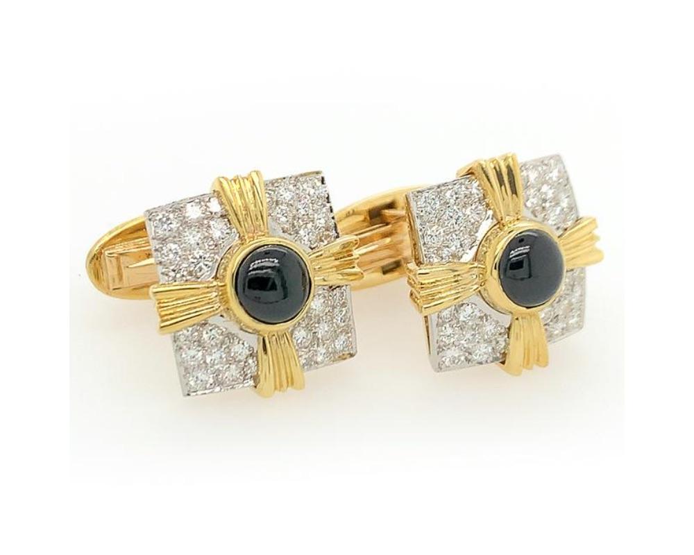 18K Y/gold diamond onyx cufflinks. RBC diamonds weighing approx. 2.00 cts, GH VS, measures 3/4 x 3/4 inch, weight 17.9 dwt