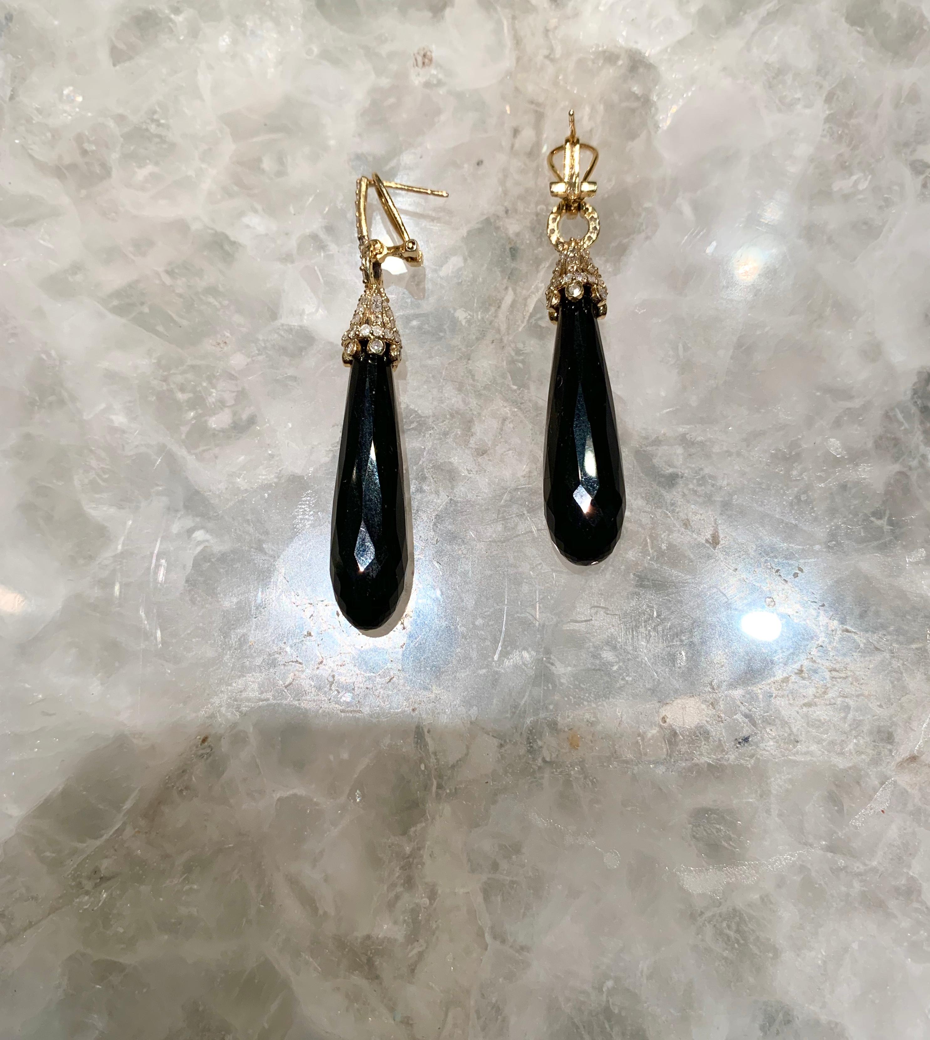 Art Deco Gold Diamond Onyx Drop Earrings