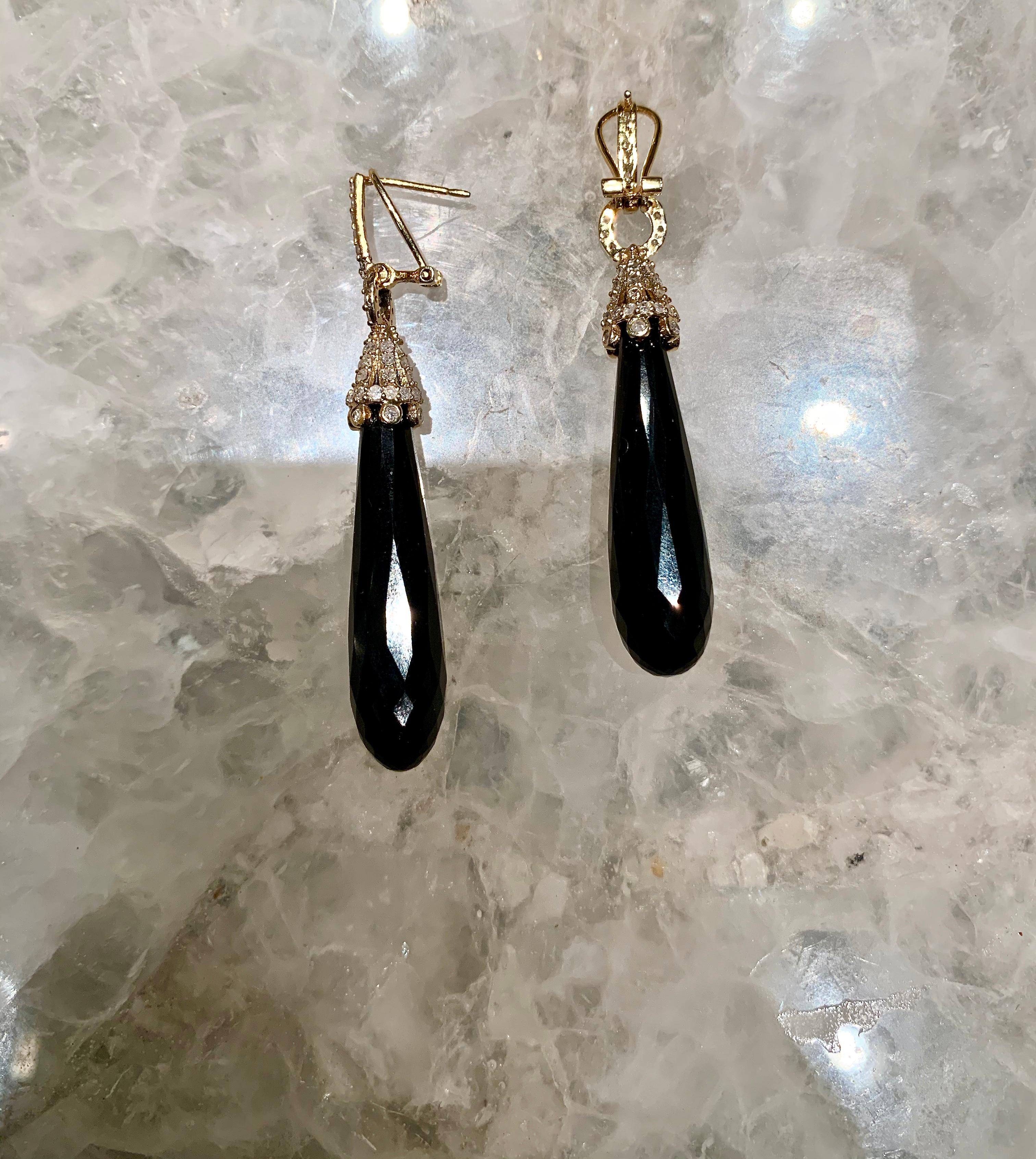 Round Cut Gold Diamond Onyx Drop Earrings