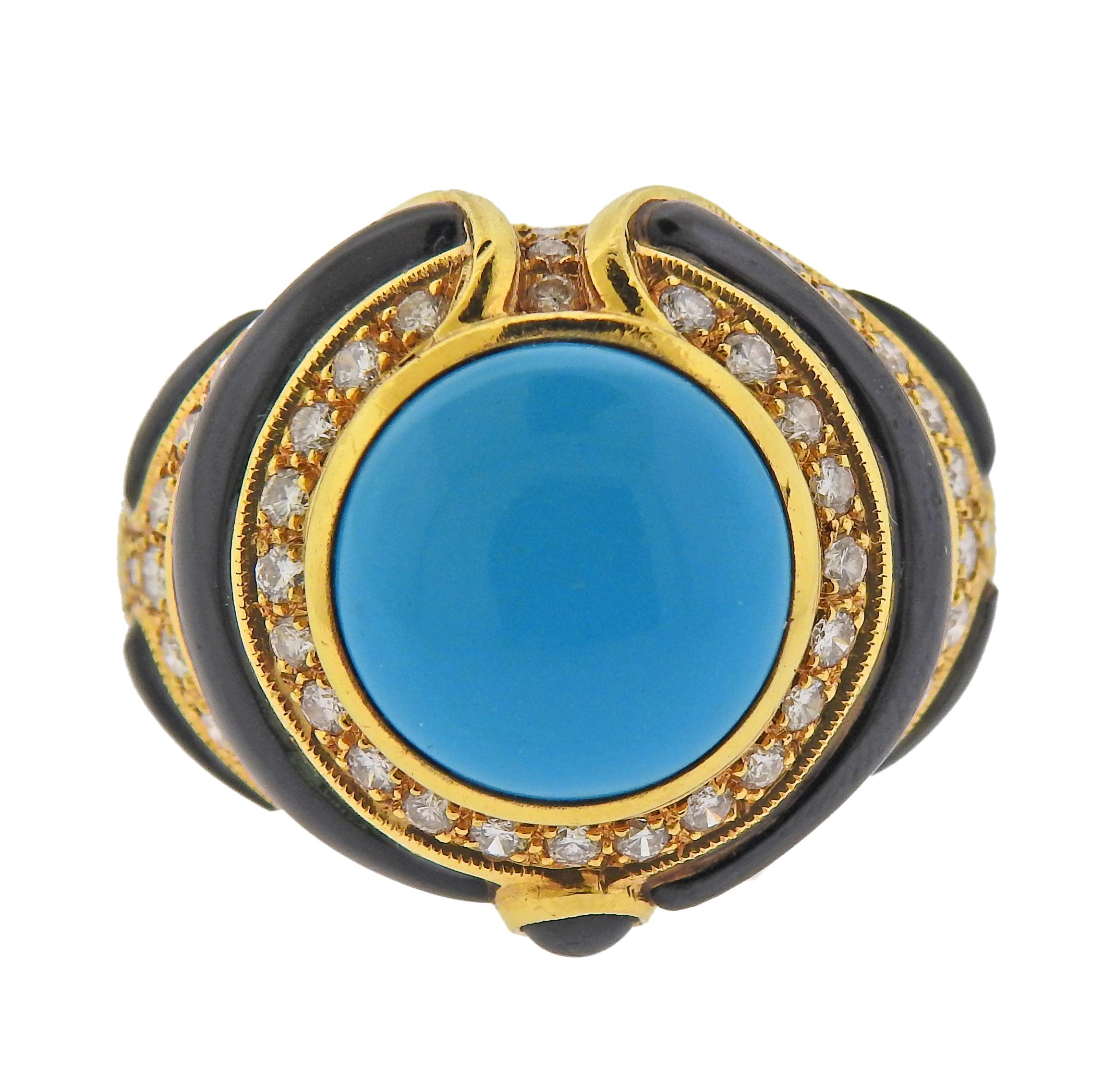 18k gold cocktail ring, with onyx, turquoise and approx. 0.90ctw in diamonds. Ring size - 10 (has a sizing bar). Ring top - 22mm wide. Marked: 750. Weight - 18.3 grams.