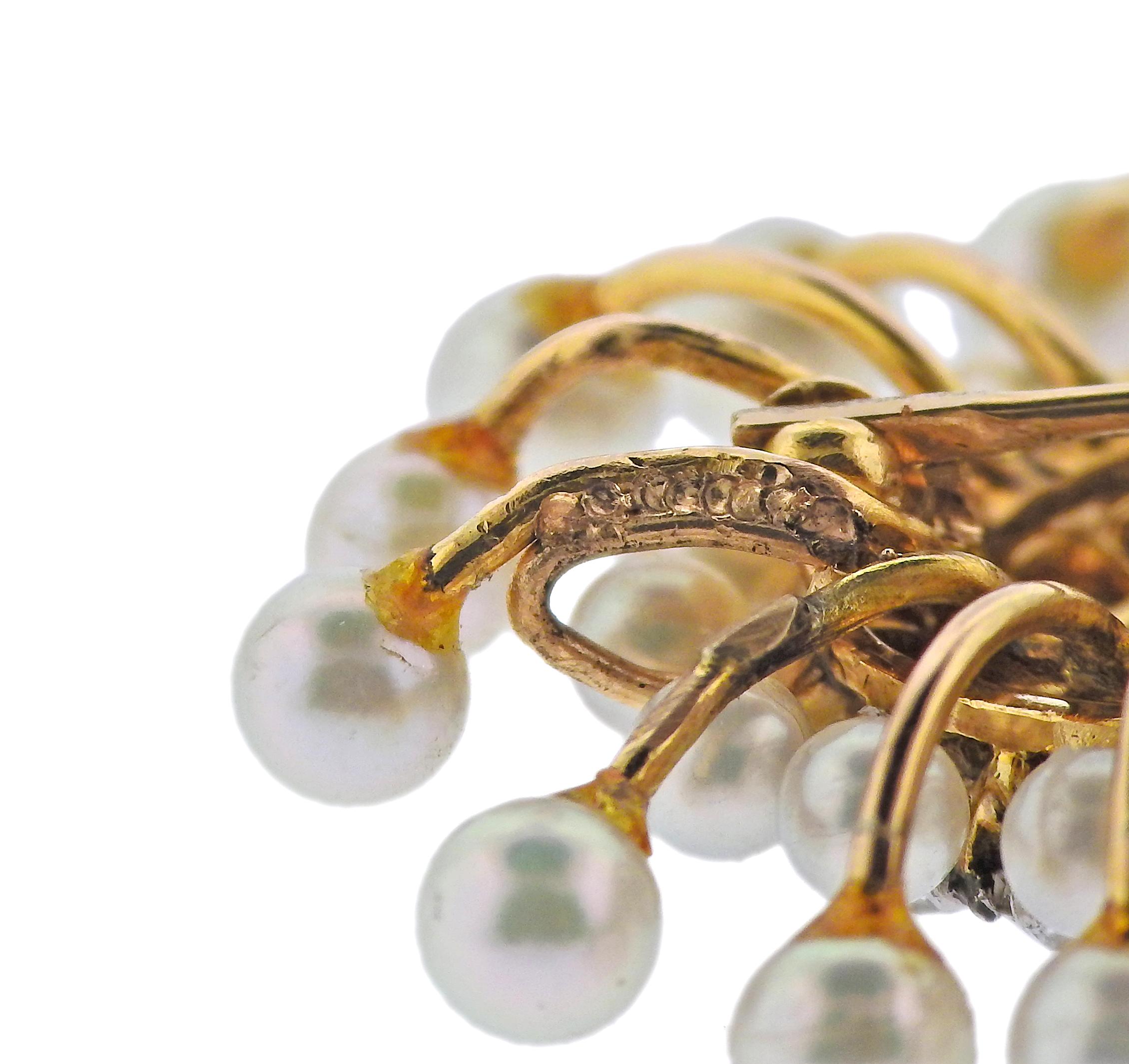 Taille ronde Broche en or avec diamant et perle en vente