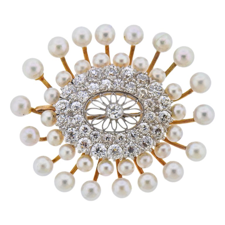 Gold Diamond Pearl Brooch Pin For Sale