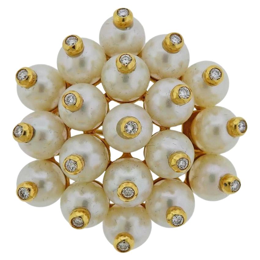 Gold Diamond Pearl Brooch Pin