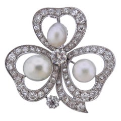 Gold Diamond Pearl Clover Brooch