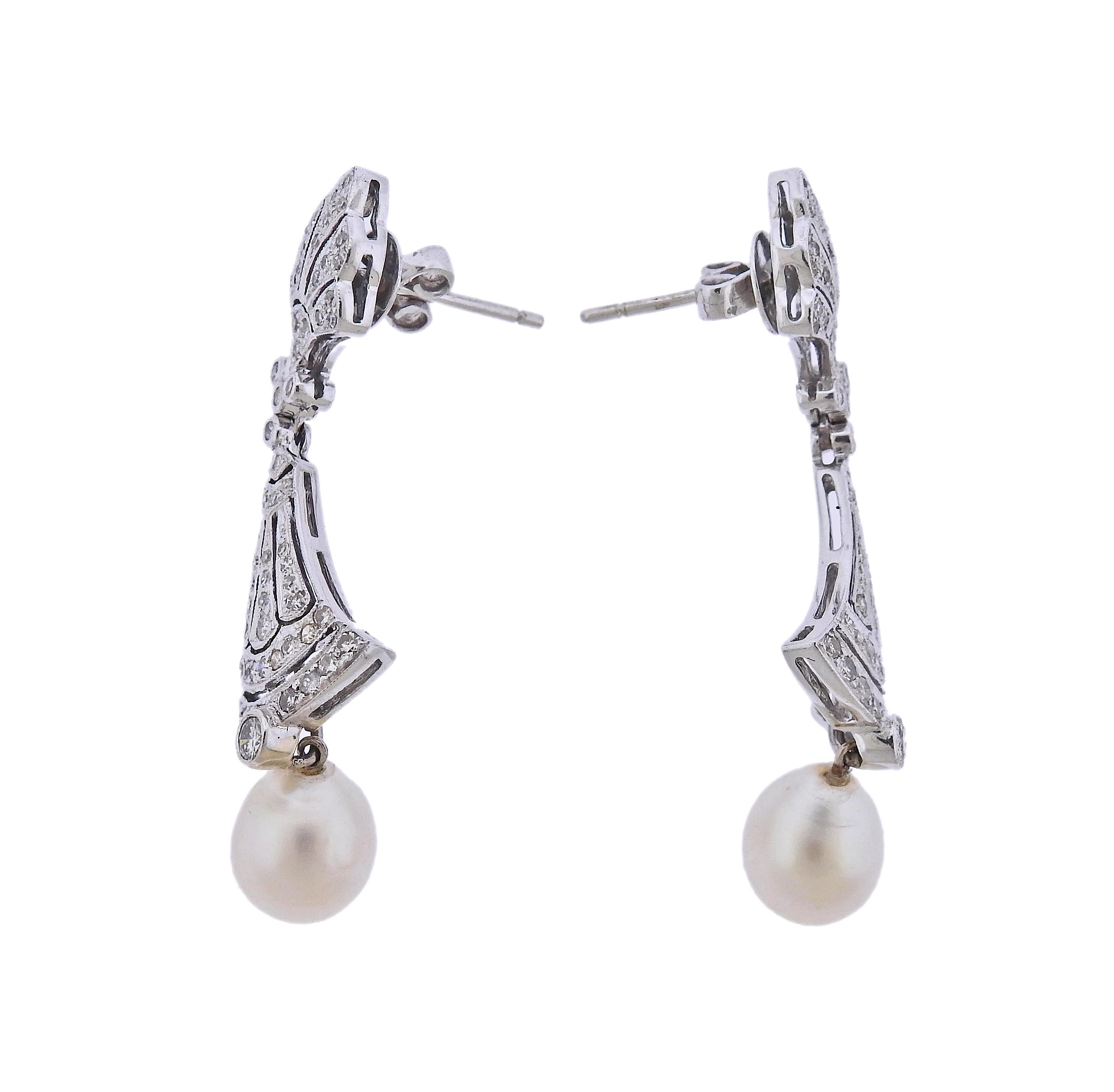 Round Cut Gold Diamond Pearl Drop Earrings For Sale
