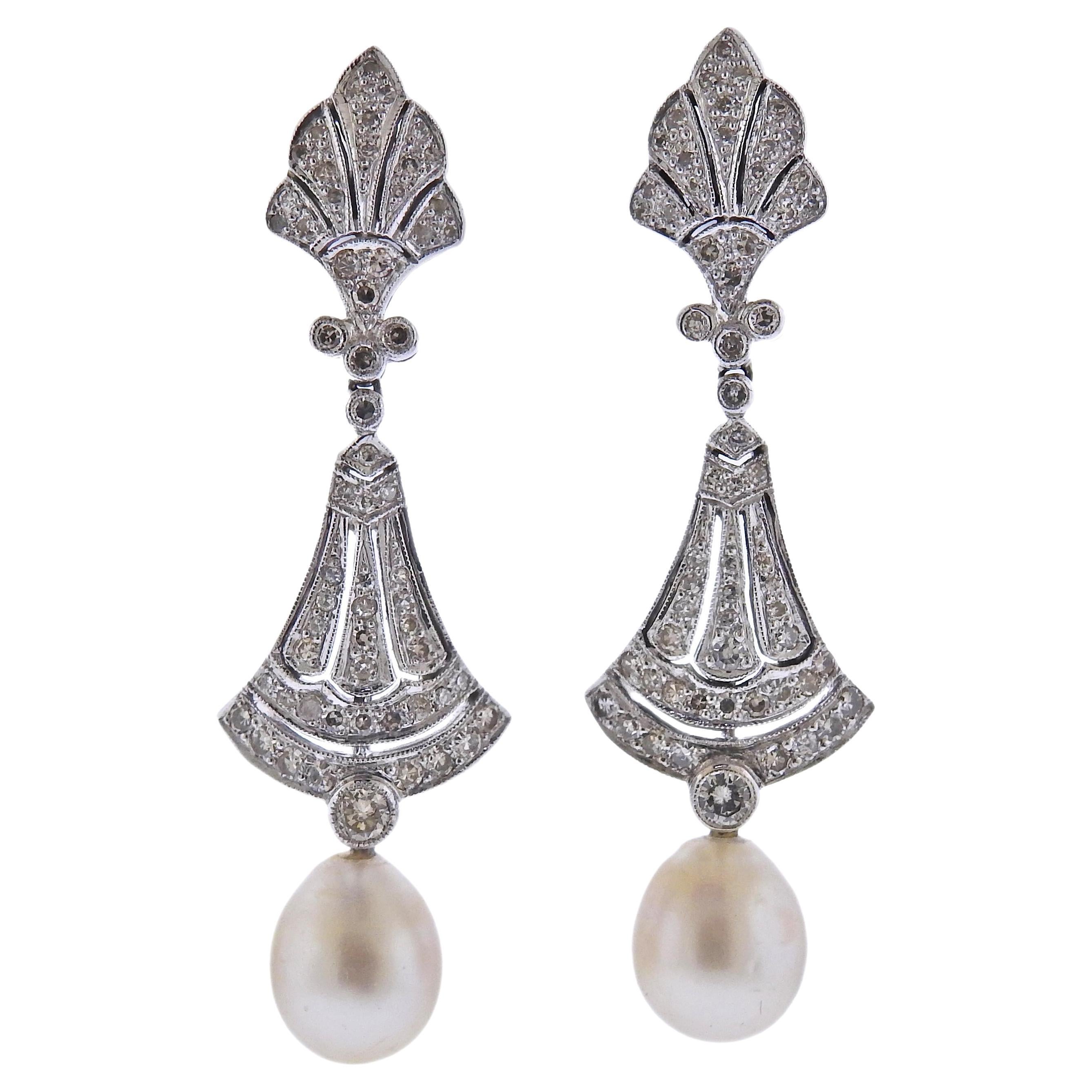 Gold Diamond Pearl Drop Earrings For Sale
