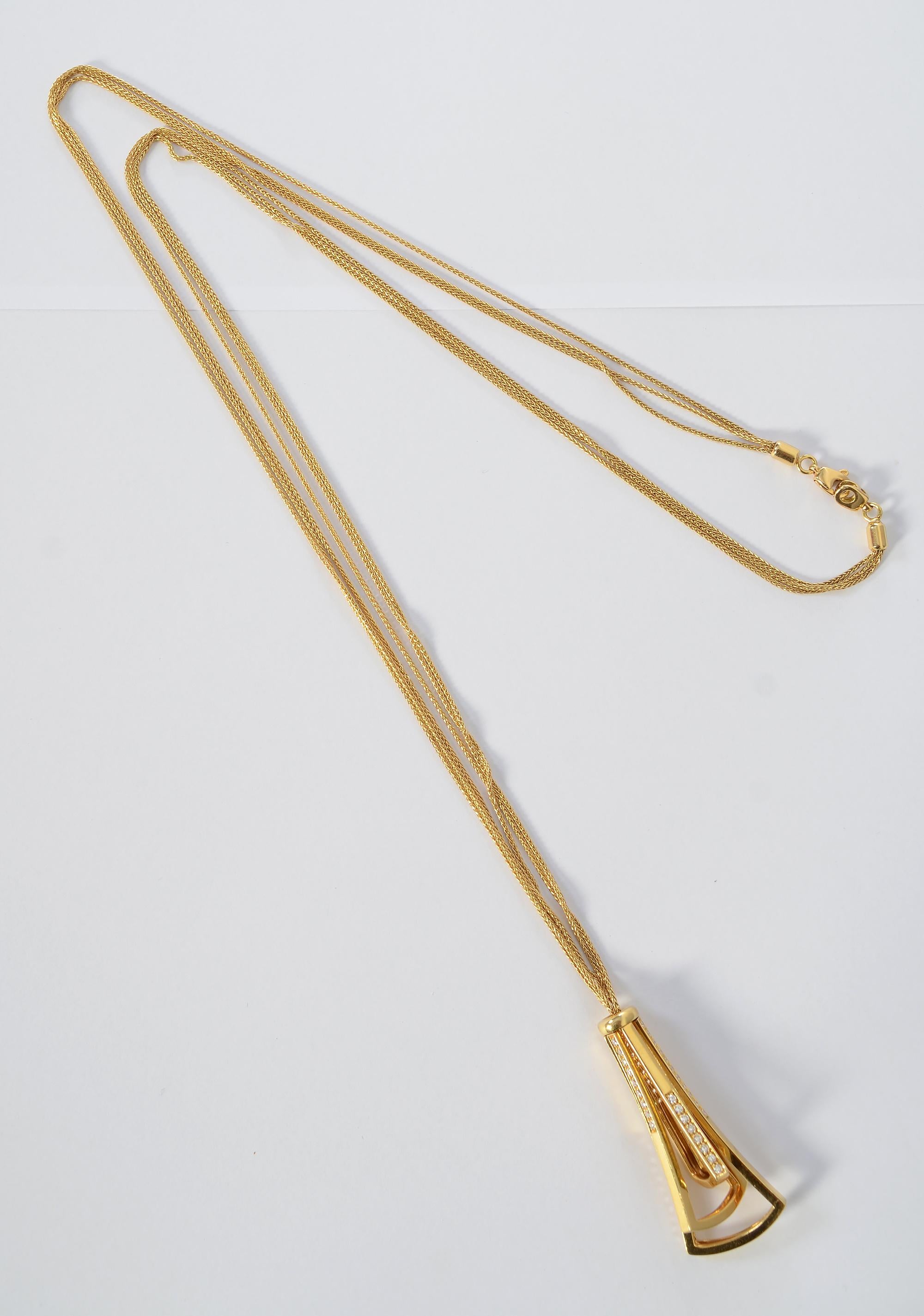 Modern Gold Diamond Pendant Necklace on Long Chain For Sale