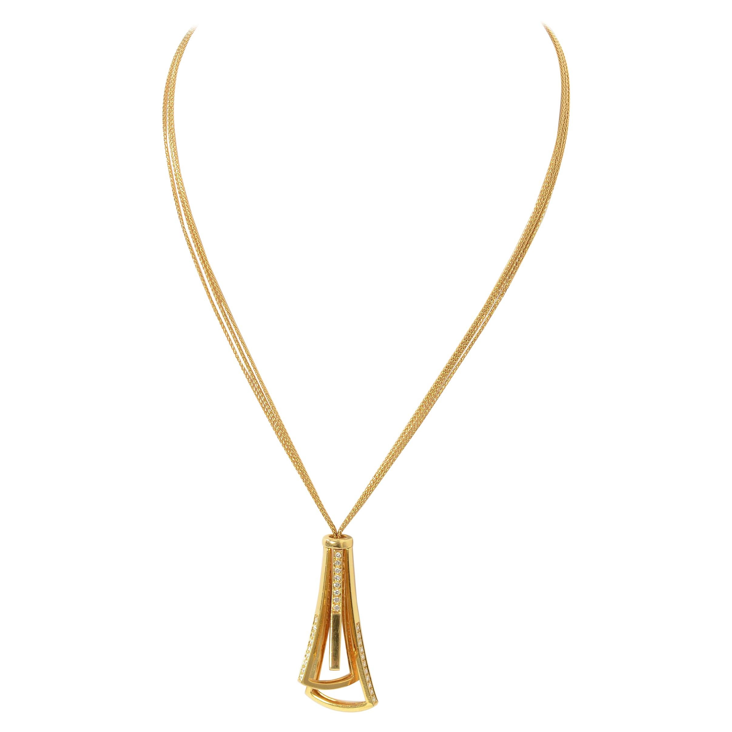 Gold Diamond Pendant Necklace on Long Chain For Sale