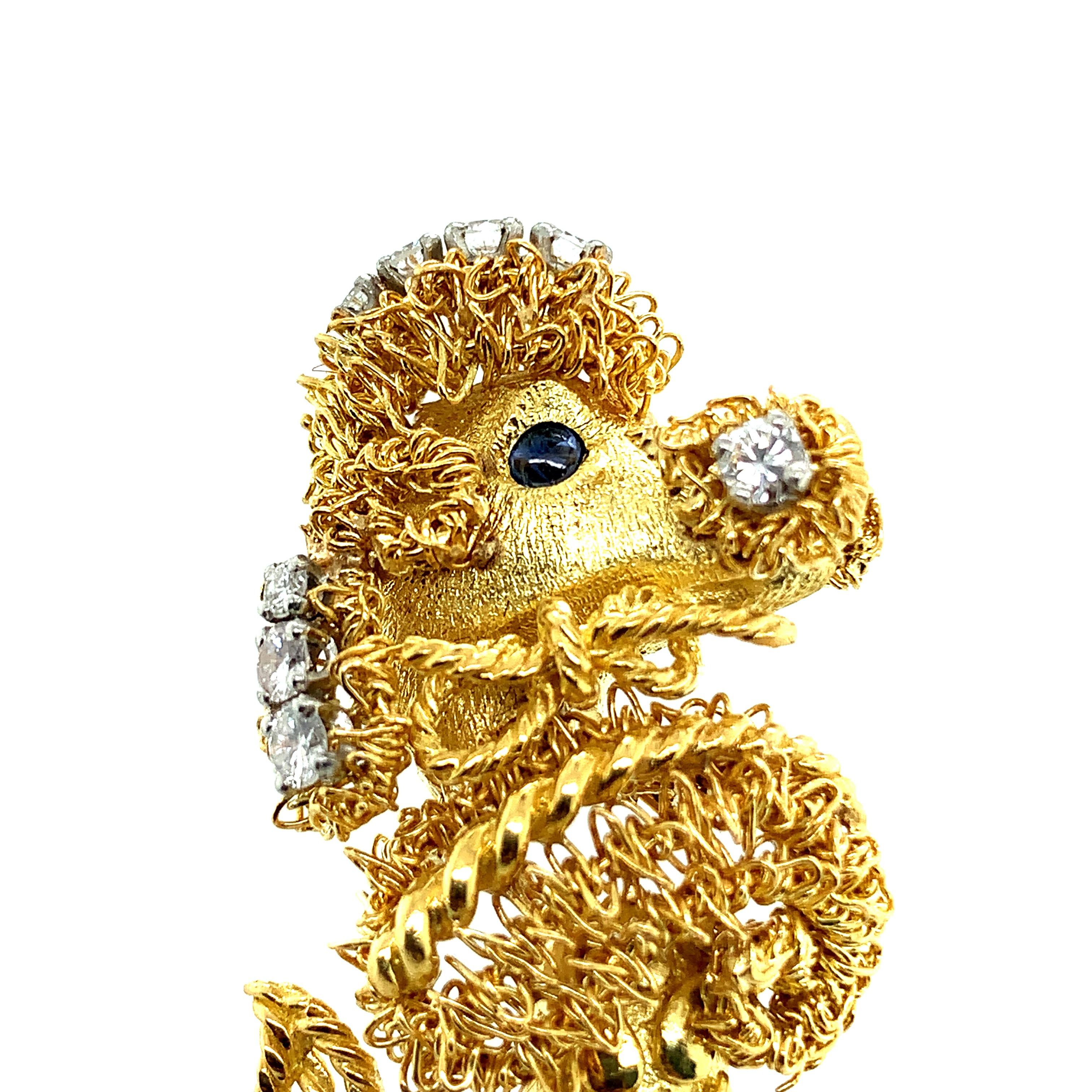 Round Cut Gold Diamond Poodle Brooch For Sale
