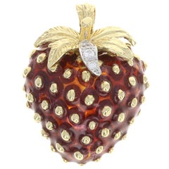 Gold Diamond & Red Enamel Strawberry Pendant, 18 Karat Round Cut .12 Carat Fruit