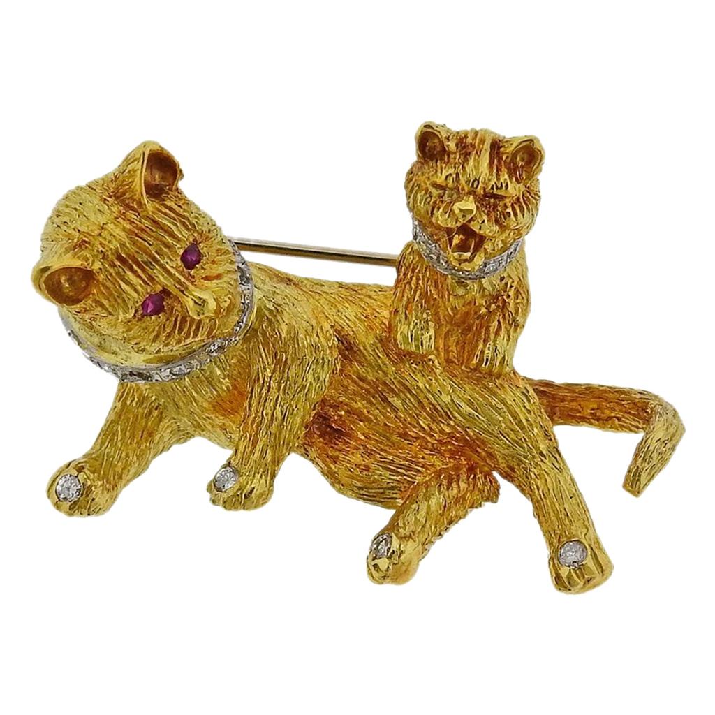 Gold Diamond Ruby Cat and Kitten Brooch Pin