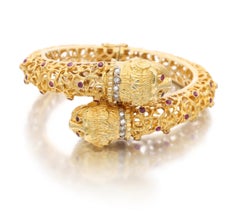 Greek Gold Diamond Ruby Double Headed Chimera Bangle Bracelet