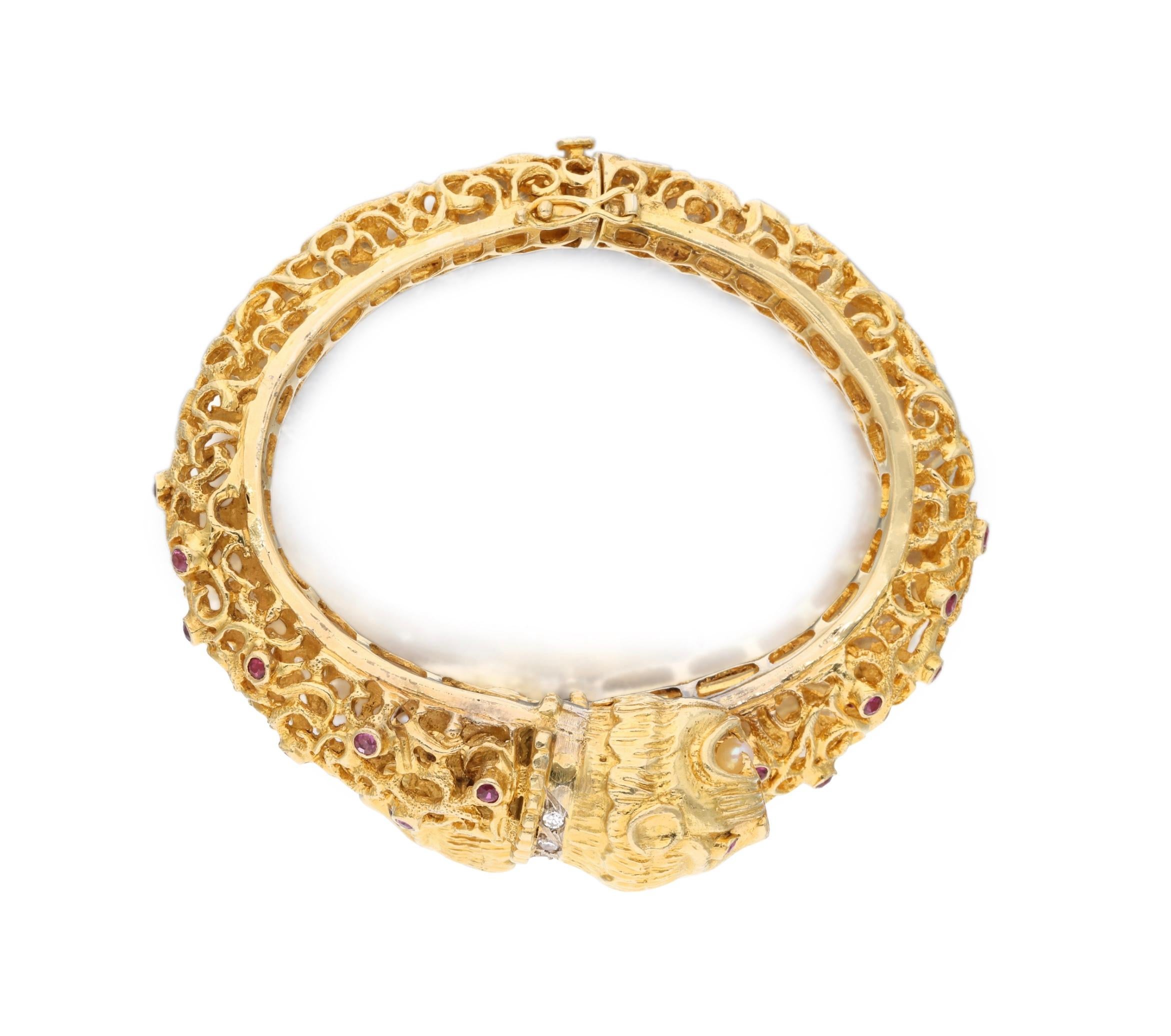 Round Cut Greek Gold Diamond Ruby Double Headed Chimera Bangle Bracelet For Sale