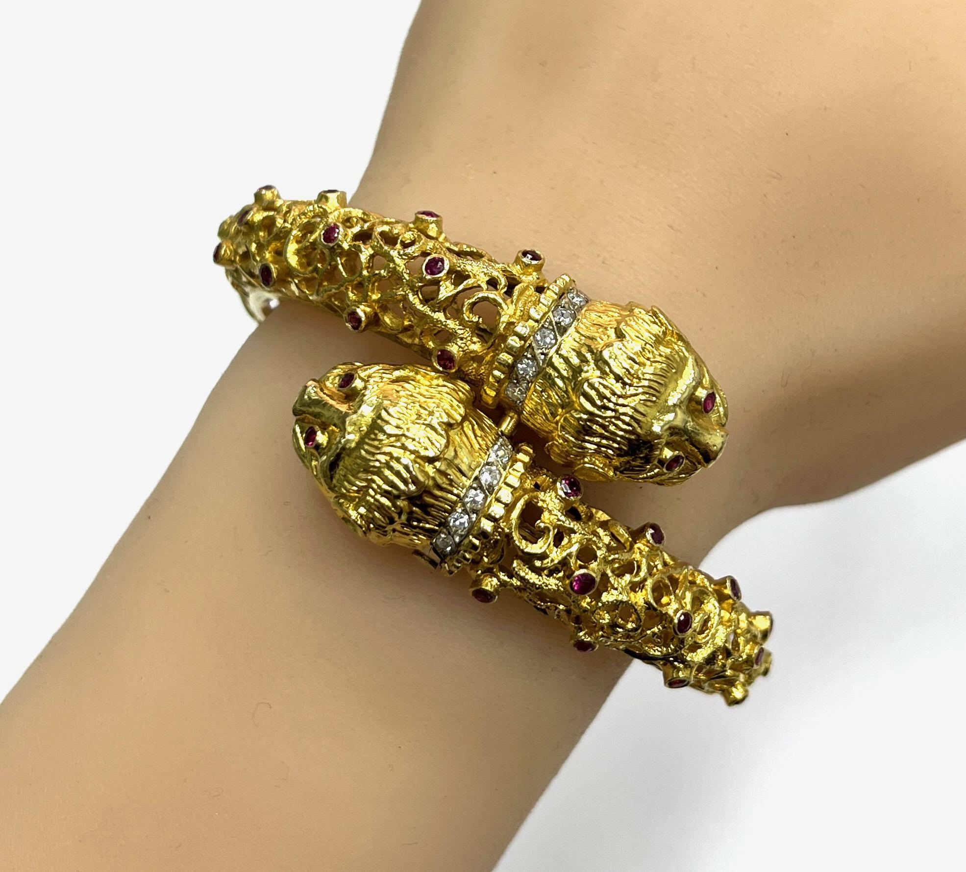 Women's or Men's Greek Gold Diamond Ruby Double Headed Chimera Bangle Bracelet For Sale