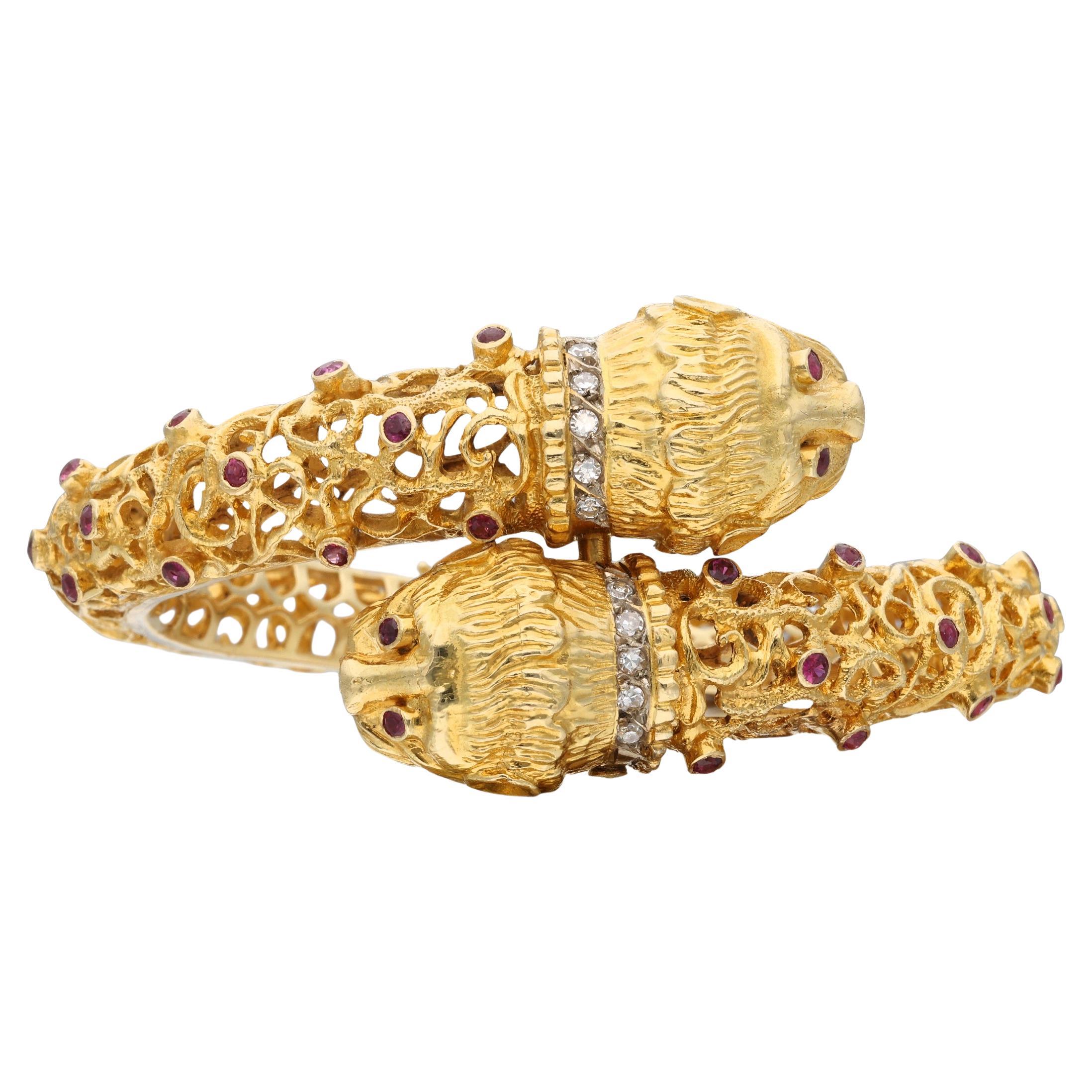 Greek Gold Diamond Ruby Double Headed Chimera Bangle Bracelet For Sale