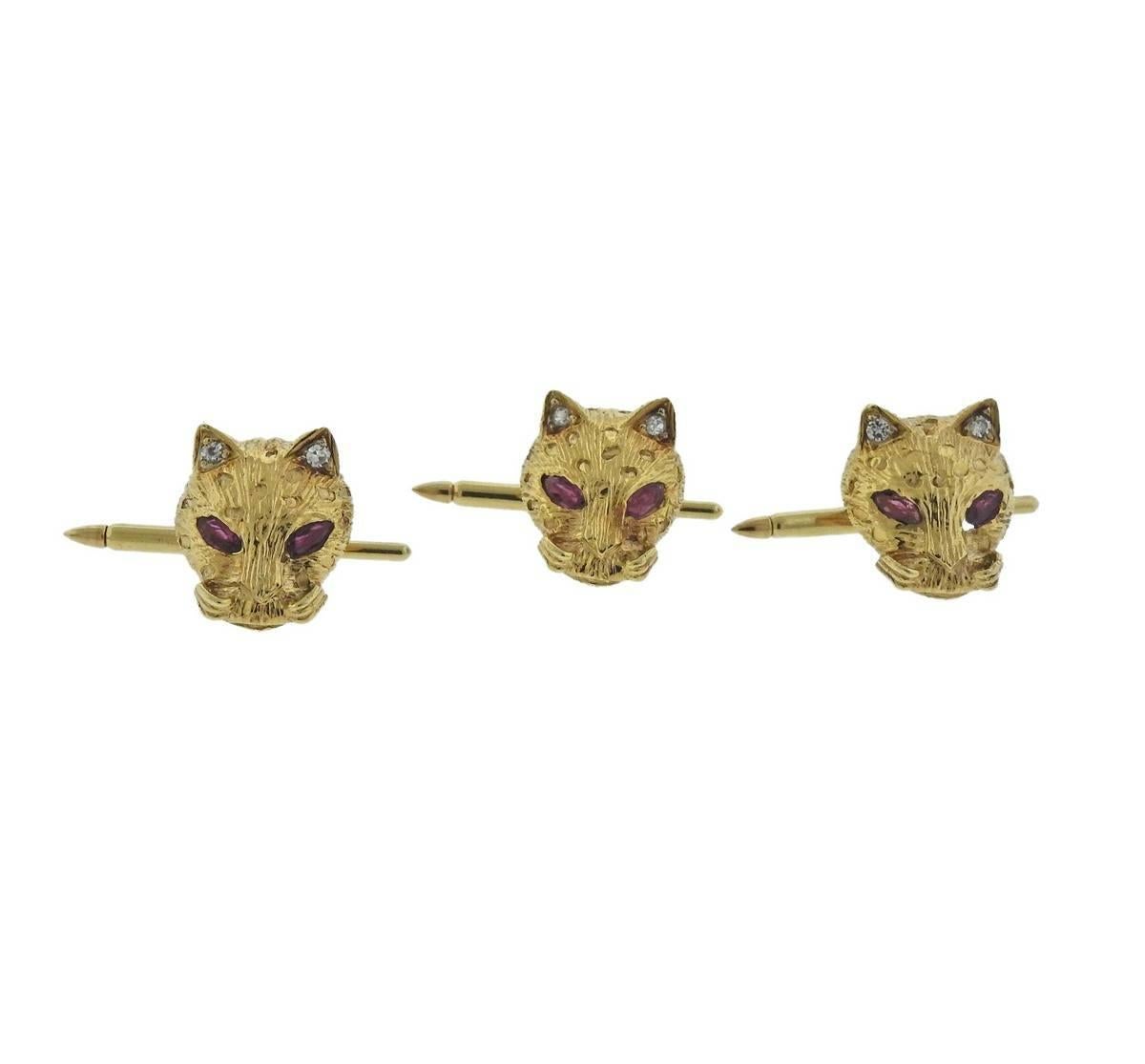 Women's or Men's Gold Diamond Ruby Enamel Cat Cufflinks Stud Set