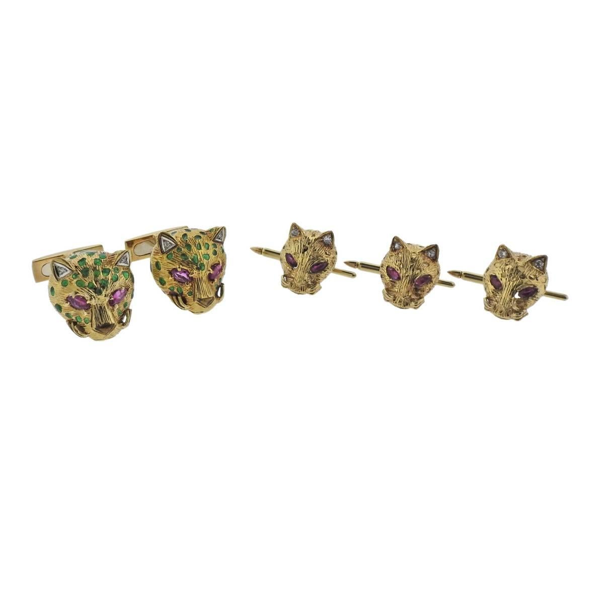 Gold Diamond Ruby Enamel Cat Cufflinks Stud Set