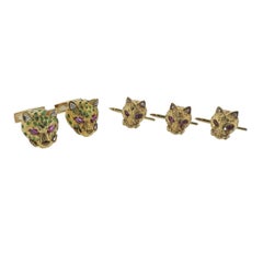 Gold Diamond Ruby Enamel Cat Cufflinks Stud Set