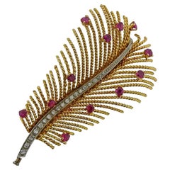 Gold Diamond Ruby Feather Brooch Pin