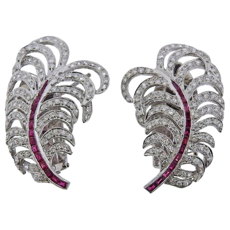 Gold Diamond Ruby Feather Earrings For Sale