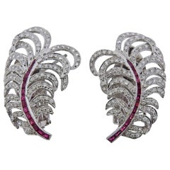 Vintage Gold Diamond Ruby Feather Earrings