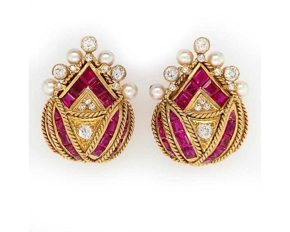 Round Cut Gold Diamond Ruby Pearl Earrings For Sale