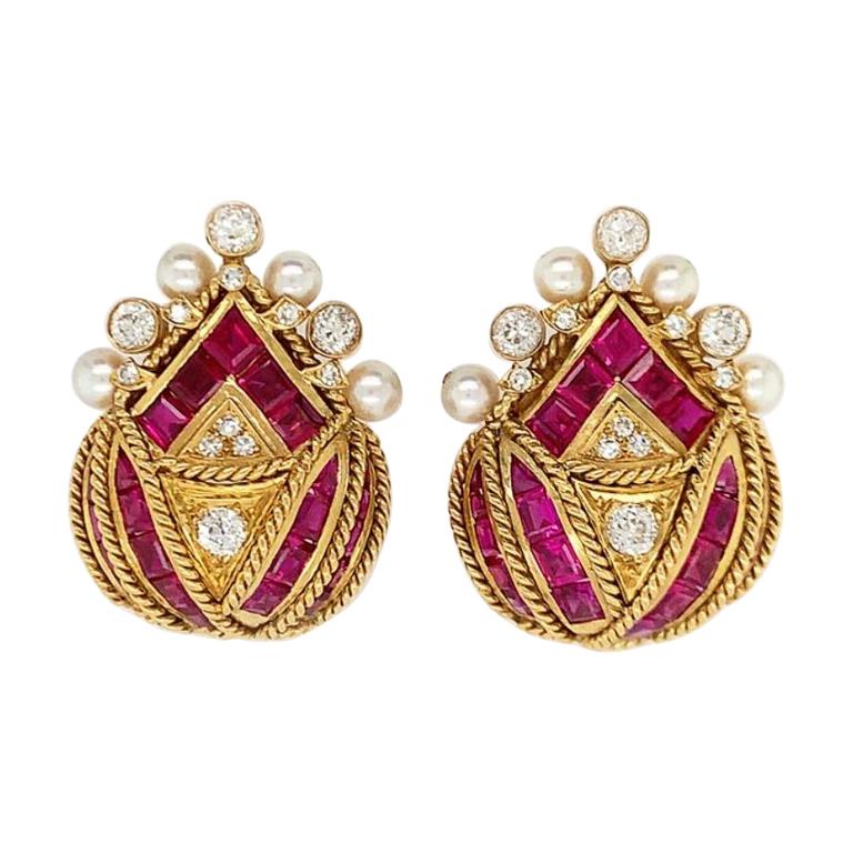 Gold Diamond Ruby Pearl Earrings For Sale