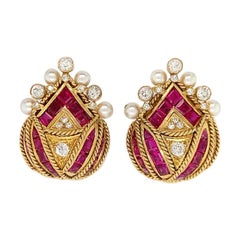 Gold Diamond Ruby Pearl Earrings
