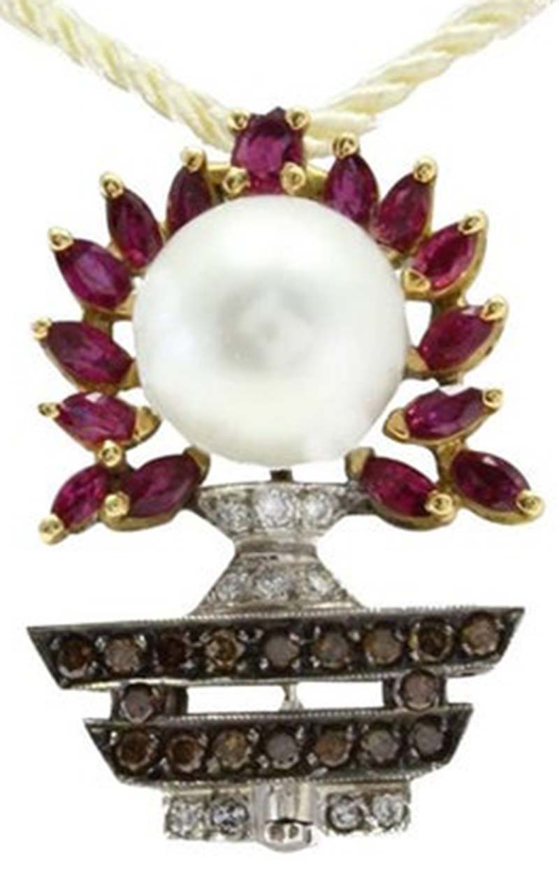 Gold Diamond Ruby Pearl Pendant/Brooch For Sale