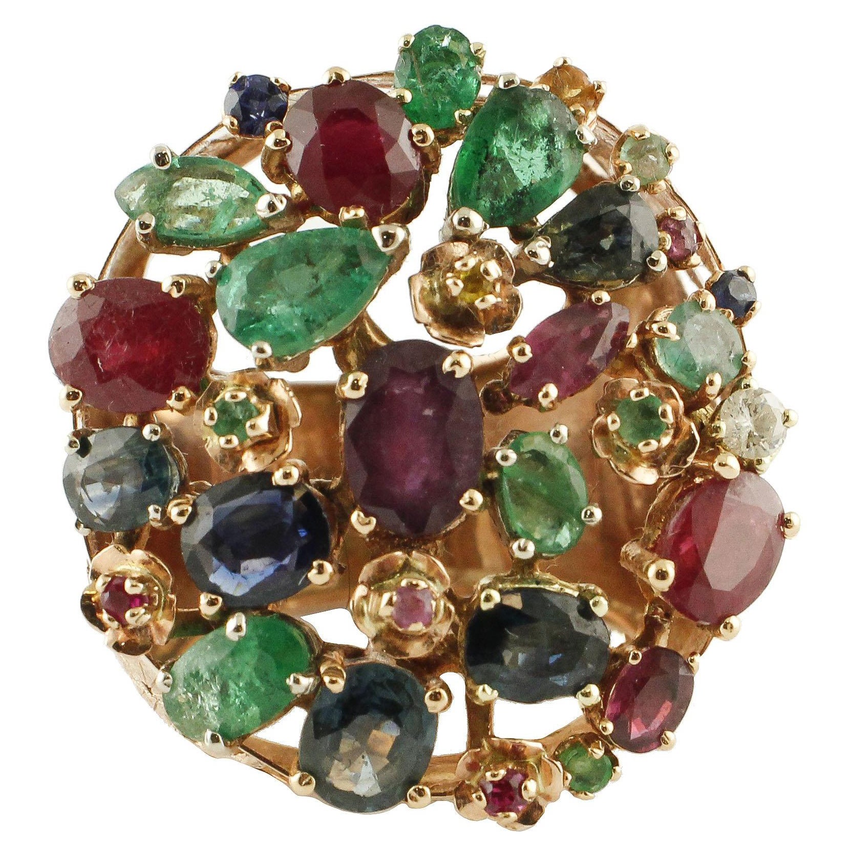 Gold Diamond Ruby Sapphire Emerald Cluster Ring For Sale