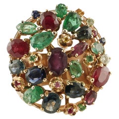 Gold Diamond Ruby Sapphire Emerald Cluster Ring
